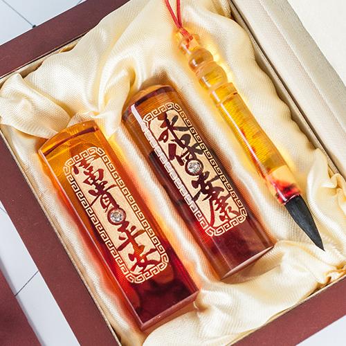 【兩印一Q筆】琥珀雕刻臍帶章嬰兒三寶