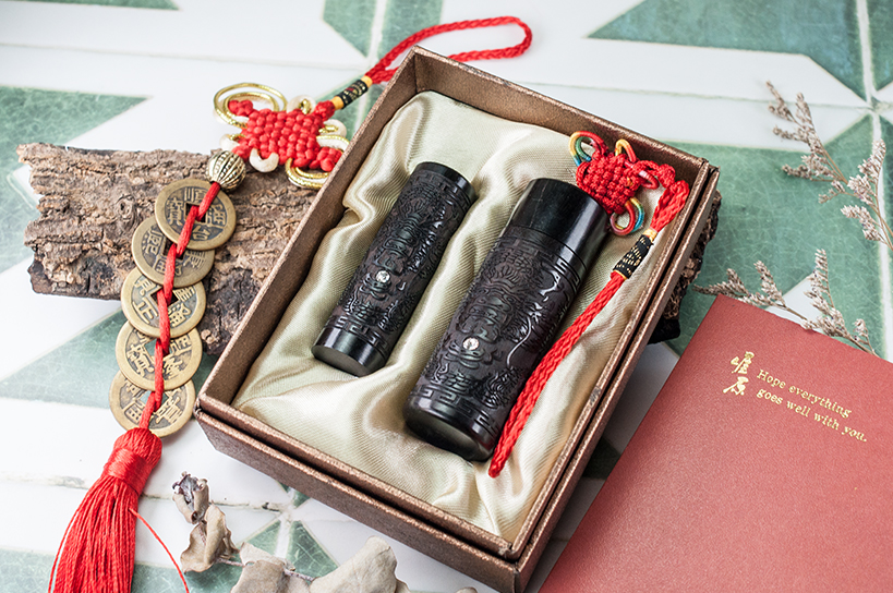 台南 臍帶印章 黑檀龍雕肚臍章套筒組 套筒印章 唯原工藝